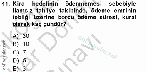 11. soru: Kira bedelinin ödenmemesi sebebiyle ilamsız tahliye takibinde, ödeme emrinin tebliği üzerine borcu ödeme süresi, kura…