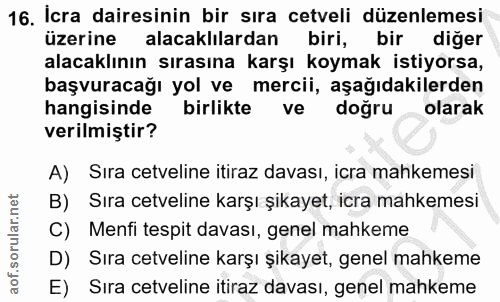16. soru: Icra dairesinin bir sıra cetveli düzenlemesi üzerine alacaklılardan biri, bir diğer alacaklının sırasına karşı koymak…