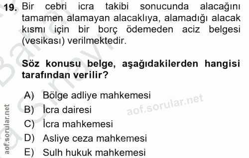19. soru: Bir cebri icra takibi sonucunda alacağını tamamen alamayan alacaklıya, alamadığı alacak kısmı için bir borç ödemeden…