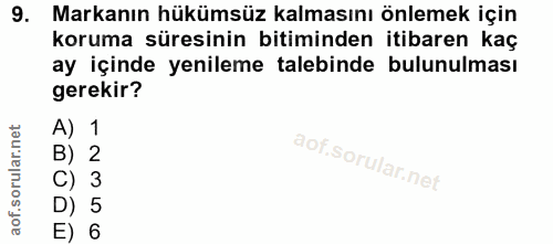 9. soru: Markanın hükümsüz kalmasını önlemek için koruma süresinin bitiminden itibaren kaç ay içinde yenileme talebinde bulunu…