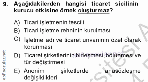 9. soru: Aşağıdakilerden hangisi ticaret sicilinin kurucu etkisine örnek oluşturmaz? A) Ticari işletmenin tescili B) Ticari iş…