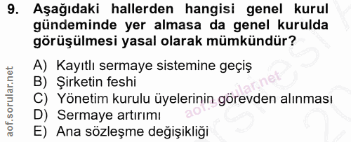9. soru: Aşağıdaki hallerden hangisi genel kurul gündeminde yer almasa da genel kurulda görüşülmesi yasal olarak mümkündür? A)…