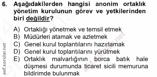 6. soru: Aşağıdakilerden hangisi anonim ortaklık yönetim kurulunun görev ve yetkilerinden biri değildir? A) Ortaklığı yönetmek…