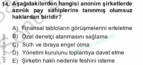 14. soru: Aşağıdakilerden hangisi anonim şirketlerde azınlık pay sahiplerine tanınmış olumsuz haklardan biridir? A) Finansal ta…