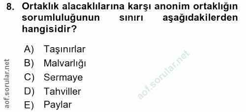 8. soru: Ortaklık alacaklılarına karşı anonim ortaklığın sorumluluğunun sınırı aşağıdakilerden hangisidir? A) Taşınırlar B) Ma…