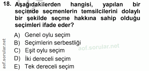 18. soru: Aşağıdakilerden hangisi, yapılan bir seçimde seçmenlerin temsilcilerini dolaylı bir şekilde seçme hakkına sahip olduğ…