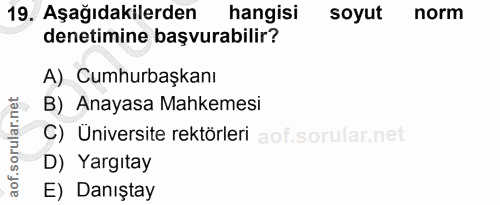 19. soru: Aşağıdakilerden hangisi soyut norm denetimine başvurabilir? A) Cumhurbaşkanı B) Anayasa Mahkemesi C) Üniversite rektö…
