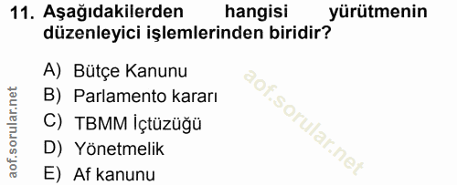 11. soru: Aşağıdakilerden hangisi yürütmenin düzenleyici işlemlerinden biridir? A) Bütçe Kanunu B) Parlamento kararı C) TBMM Iç…