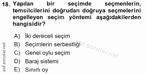18. soru: Yapılan bir seçimde seçmenlerin, temsilcilerini doğrudan doğruya seçmelerini engelleyen seçim yöntemi aşağıdakilerden…