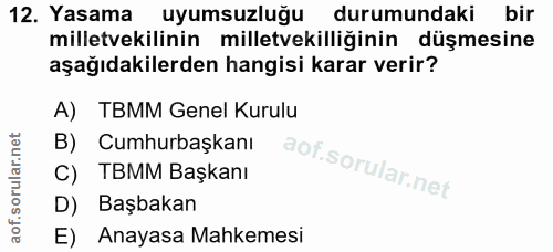 12. soru: Yasama uyumsuzluğu durumundaki bir milletvekilinin milletvekilliğinin düşmesine aşağıdakilerden hangisi karar verir?…