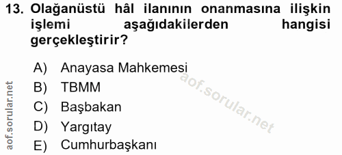 13. soru: Olağanüstü hâl ilanının onanmasına ilişkin işlemi aşağıdakilerden hangisi gerçekleştirir? A) Anayasa Mahkemesi B) TBM…