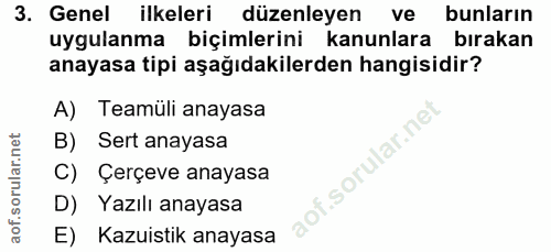 3. soru: Genel ilkeleri düzenleyen ve bunların uygulanma biçimlerini kanunlara bırakan anayasa tipi aşağıdakilerden hangisidir…