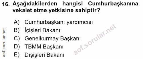 16. soru: Aşağıdakilerden hangisi Cumhurbaşkanına vekalet etme yetkisine sahiptir? A) Cumhurbaşkanı yardımcısı B) İçişleri Baka…