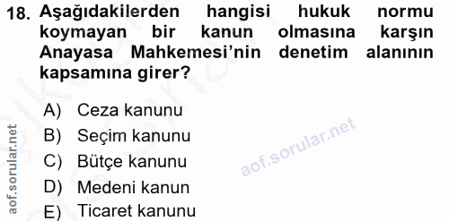 18. soru: Aşağıdakilerden hangisi hukuk normu koymayan bir kanun olmasına karşın Anayasa Mahkemesi'nin denetim alanının kapsamı…