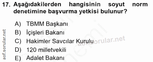 17. soru: Aşağıdakilerden hangisinin soyut norm denetimine başvurma yetkisi bulunur? A) TBMM Başkanı B) İçişleri Bakanı C) Haki…