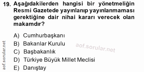 19. soru: Aşağıdakilerden hangisi bir yönetmeliğin Resmi Gazetede yayınlanıp yayınlanmaması gerektiğine dair nihai kararı verec…