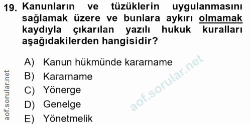 19. soru: Kanunların ve tüzüklerin uygulanmasını sağlamak üzere ve bunlara aykırı olmamak kaydıyla çıkarılan yazılı hukuk kural…