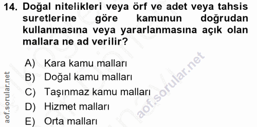 14. soru: Doğal nitelikleri veya örf ve adet veya tahsis suretlerine göre Kamunun dogrudan kullanmasına veya yararlanmasına açı…