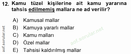 12. soru: Kamu tüzel kişilerine ait kamu yararına tahsis edilmemiş mallara ne ad verilir? A) Kamusal mallar B) Kamuya yararlı m…