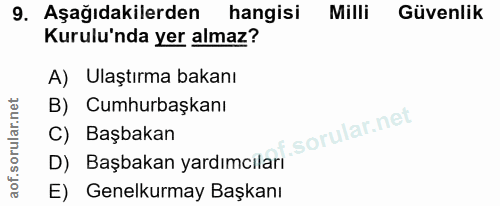 9. soru: Aşağıdakilerden | hangisi Milli Güvenlik Kurulu'nda yer almaz? A) Ulaştırma bakanı B) Cumhurbaşkanı i. C) Başbakan D)…