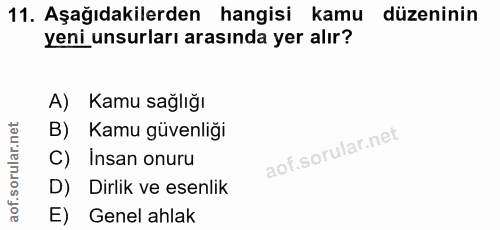 11. soru: Aşağıdakilerden hangisi kamu düzeninin yeni unsurları arasında yer alır? A) Kamu sağlığı B) Kamu güvenliği C) İnsan o…