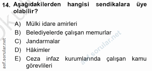 14. soru: Aşağıdakilerden hangisi sendikalara üye olabilir? A) Mülki idare amirleri B) Belediyelerde çalışan memurlar C) Jandar…