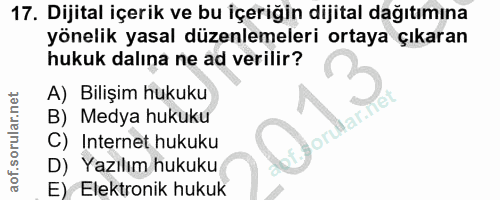 17. soru: Dijital içerik ve bu içeriğin dijital dağıtımına yönelik yasal düzenlemeleri ortaya çıkaran hukuk dalına ne ad verili…