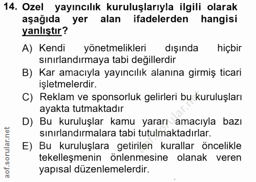 14. soru: Ozel yayıncılık kuruluşlarıyla ilgili olarak aşağıda yer alan ifadelerden hangisi yanlıştır? A) Kendi yönetmelikleri…
