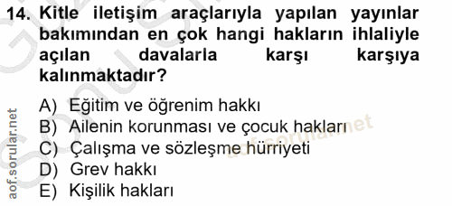 14. soru: Kitle iletişim araçlarıyla yapılan yayınlar bakımından en çok hangi hakların ihlaliyle açılan davalarla karşı karşıya…