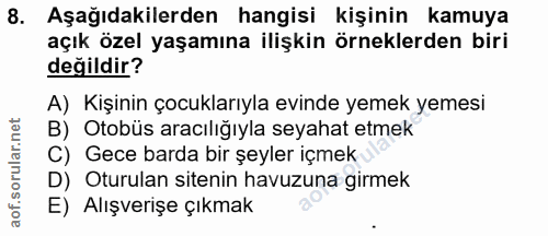 8. soru: Aşağıdakilerden hangisi kişinin kamuya açık özel yaşamına ilişkin örneklerden biri değildir? A) Kişinin çocuklarıyla…