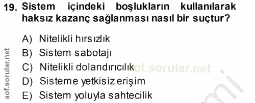 19. soru: Sistem içindeki boşlukların kullanılarak haksız kazanç sağlanması nasıl bir suçtur? A) Nitelikli hırsızlık B) Sistem…