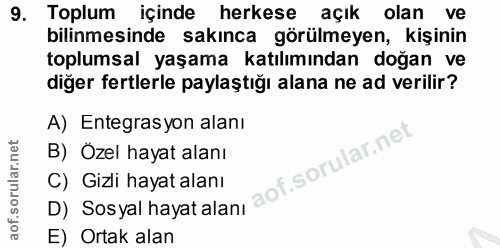 9. soru: Toplum içinde herkese açık olan ve bilinmesinde sakınca görülmeyen, kişinin toplumsal yaşama katılımından doğan ve di…