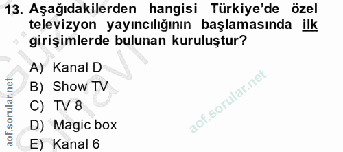 13. soru: Aşağıdakilerden hangisi Türkiye'de özel televizyon yayıncılığının başlamasında ilk girişimlerde bulunan kuruluştur? A…