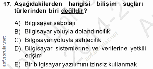 17. soru: Aşağıdakilerden hangisi bilişim suçları türlerinden biri değildir? A) Bilgisayar sabotajı B) Bilgisayar yoluyla dolan…
