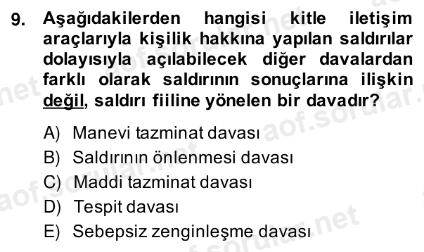 9. soru: Aşağıdakilerden hangisi kitle iletişim araçlarıyla kişilik hakkına yapılan saldırılar dolayısıyla açılabilecek diğer…