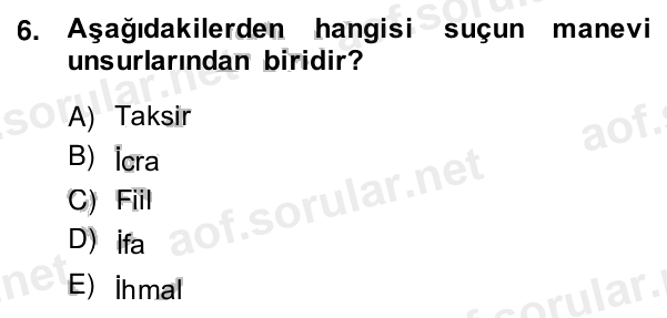 6. soru: Aşağıdakilerden hangisi suçun manevi unsurlarından biridir? A) Taksir B) İcra C) Fiil D) İfa E) İhmal