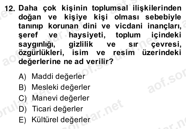 12. soru: Daha çok kişinin toplumsal ilişkilerinden doğan ve kişiye kişi olması sebebiyle tanınıp korunan dini ve vicdani inanç…