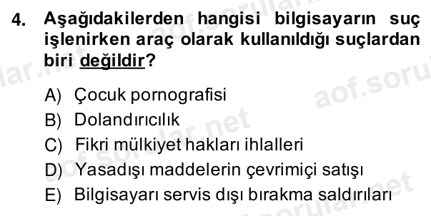 4. soru: Aşağıdakilerden hangisi bilgisayarın suç işlenirken araç olarak kullanıldığı suçlardan biri değildir? A) Çocuk pornog…