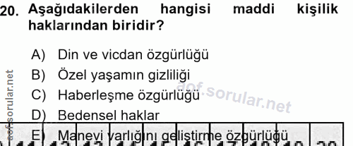 20. soru: Aşağıdakilerden hangisi maddi kişilik haklarından biridir? A) Din ve vicdan özgürlüğü B) Özel yaşamın gizliliği C) Ha…