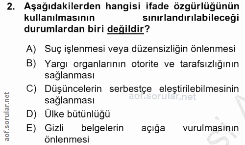 2. soru: Aşağıdakilerden hangisi ifade özgürlüğünün kullanılmasının sınırlandırılabileceği durumlardan biri değildir? A) Suç i…