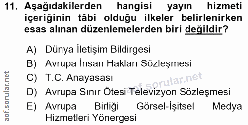 11. soru: Aşağıdakilerden hangisi yayın hizmeti içeriğinin tâbi olduğu ilkeler belirlenirken esas alınan düzenlemelerden biri d…