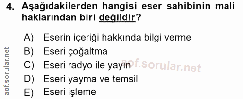 4. soru: Aşağıdakilerden hangisi eser sahibinin mali haklarından biri değildir? A) Eserin içeriği hakkında bilgi verme B) Eser…