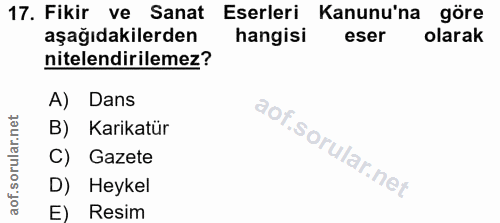 17. soru: Fikir ve Sanat Eserleri Kanunu'na göre aşağıdakilerden hangisi eser olarak nitelendirilemez? A) Dans B) Karikatür C)…