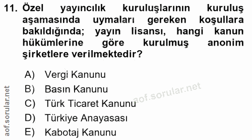 11. soru: Özel yayıncılık kuruluşlarının kuruluş aşamasında uymaları gereken koşullara bakıldığında; yayın lisansı, hangi kanun…