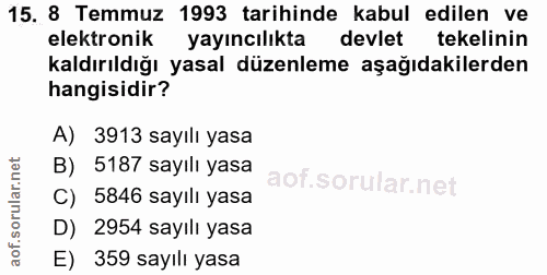 15. soru: 8 Temmuz 1993 tarihinde kabul edilen ve elektronik yayıncılıkta devlet tekelinin kaldırıldığı yasal düzenleme aşağıda…