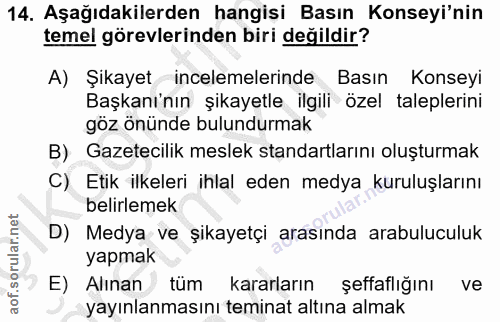 14. soru: Aşağıdakilerden hangisi Basın Konseyi'nin temel görevlerinden biri değildir? A) Şikayet incelemelerinde Basın Konseyi…