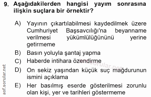 9. soru: Aşağıdakilerden hangisi yayım sonrasına ilişkin suçlara bir örnektir? A) Yayının çıkartılabilmesi kaydedilmek üzere C…
