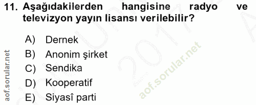 11. soru: Aşağıdakilerden hangisine radyo ve televizyon yayın lisansı verilebilir? A) Dernek B) Anonim şirket C) Sendika D) Koo…
