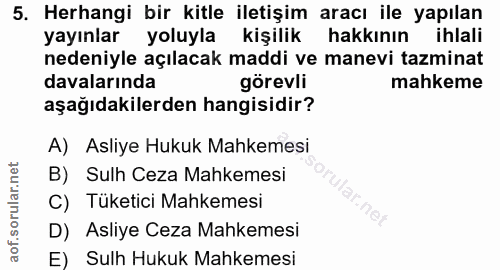 5. soru: Herhangi bir kitle iletişim aracı ile yapılan yayınlar yoluyla kişilik hakkının ihlali nedeniyle açılacak maddi ve ma…