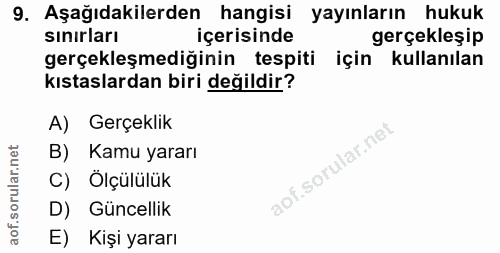 9. soru: Aşağıdakilerden hangisi yayınların hukuk sinırları içerisinde gerçekleşip gerçekleşmediğinin tespiti için kullanılan…